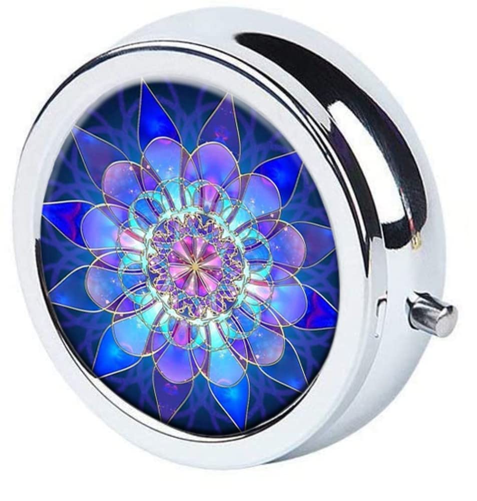 Purple Mandala Pill Box Purse Pocket Small Round Silver Pill Case Decorative Box Metal Medicine Vitamin Pill Organizer Portable