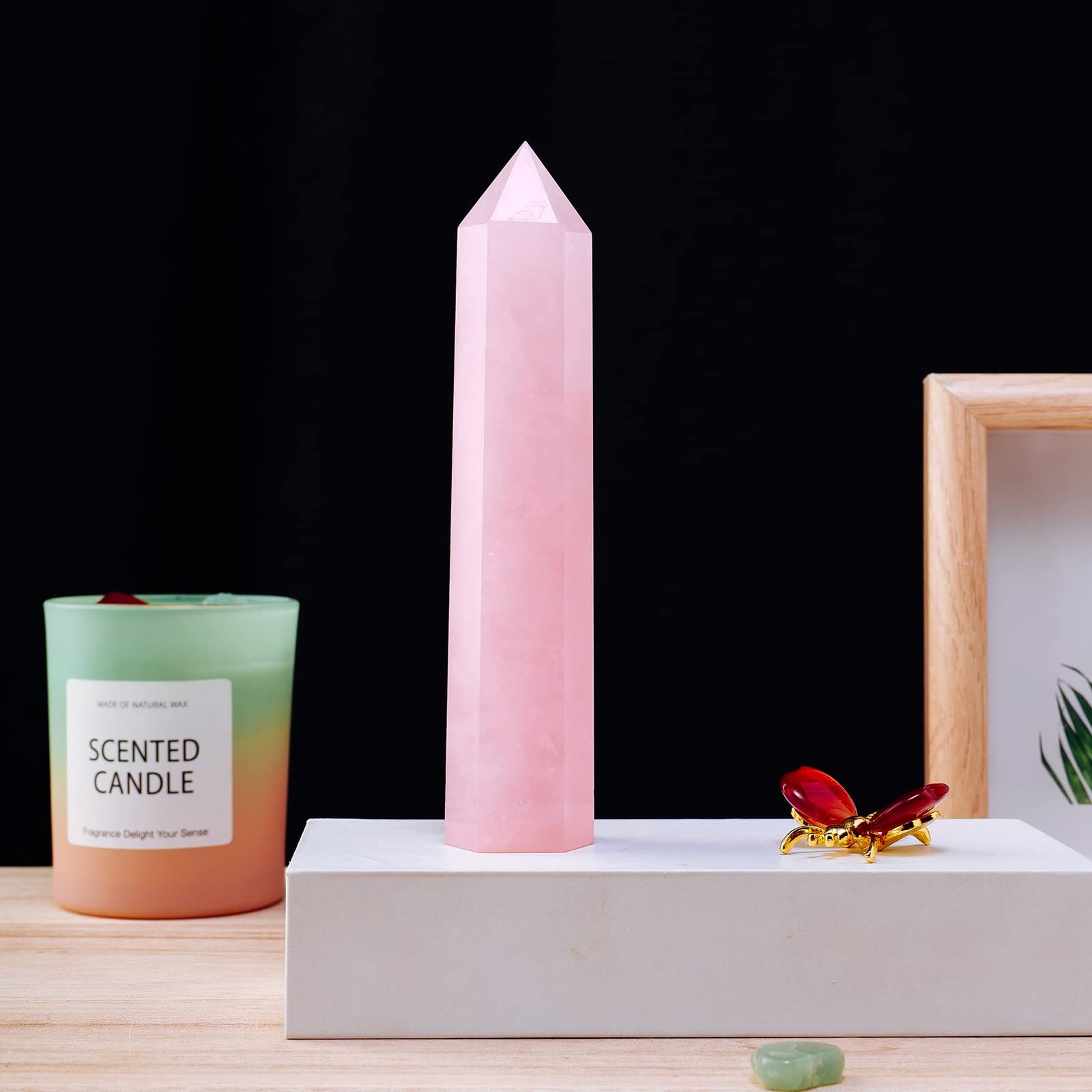 Apengshi Large Rose Quartz Natural Healing Crystal Tower 5.9-6.3 6 Faceted Single Point Love Energy Charger Crystal Wand Stone M
