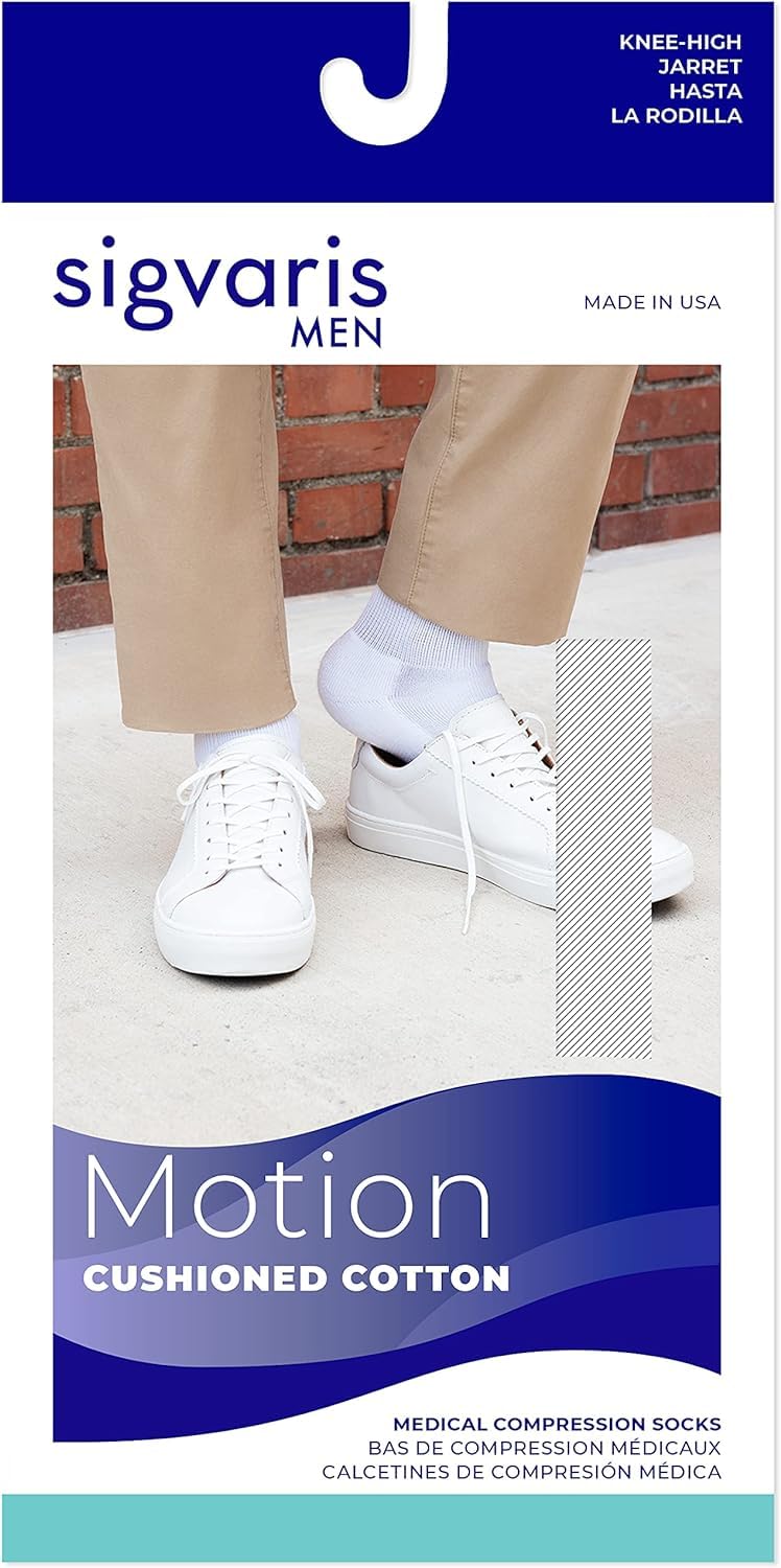 Sigvaris Mens Motion Cushioned Cotton 360 Closed Toe Calf-High Socks 20-30mmHg - White - Extra Large Long