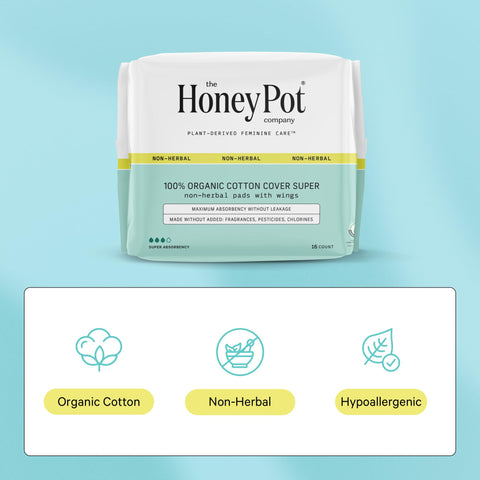 The Honey Pot Company - 64ct - Pads for Women - Non-Herbal Super Pads w/Wings - Organic Pads for Women - Cotton Cover, & Ultra-A