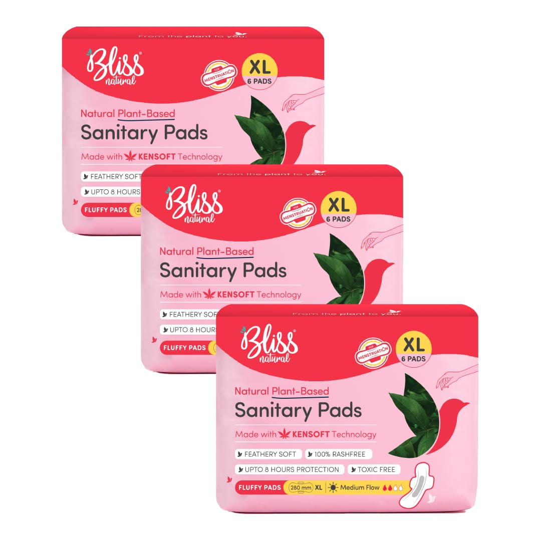 Blissnatural Sanitary Pads For Women Xl 280Mm Medium Flow | 18 Pads (3 Packs Of 6) | Extremely Soft, RashFree, Leakproof | Plan