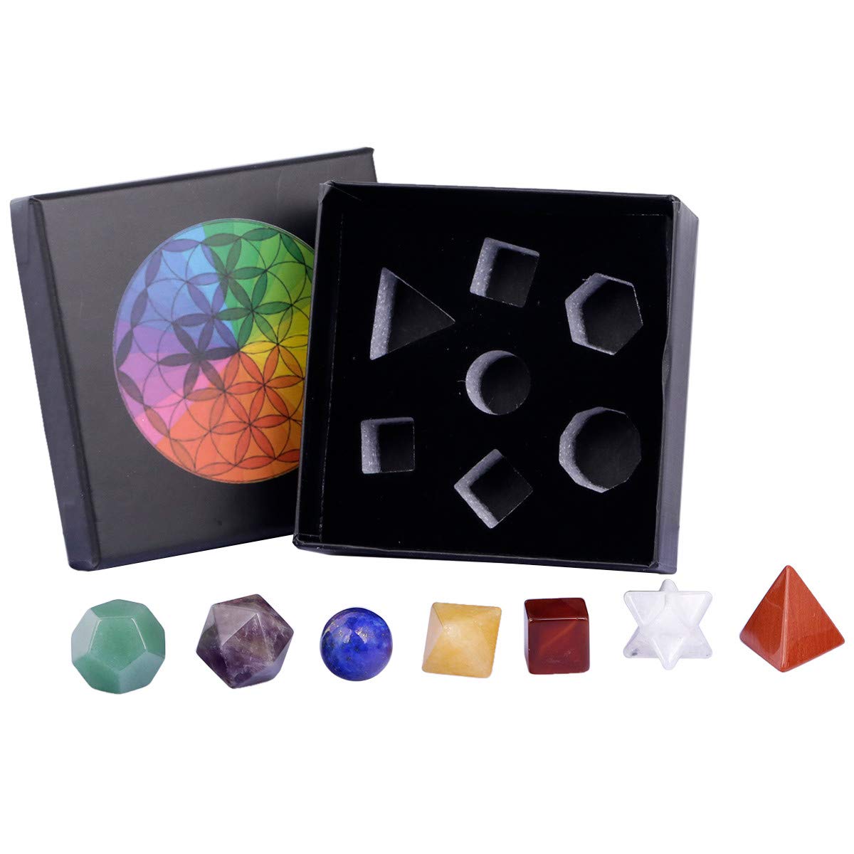 mookaitedecor 7 Chakra Crystal Platonic Solids Sacred Geometry Set, Polished Tumbled Stones with Merkaba Star Kit for Reiki Heal