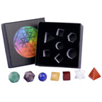 mookaitedecor 7 Chakra Crystal Platonic Solids Sacred Geometry Set, Polished Tumbled Stones with Merkaba Star Kit for Reiki Heal