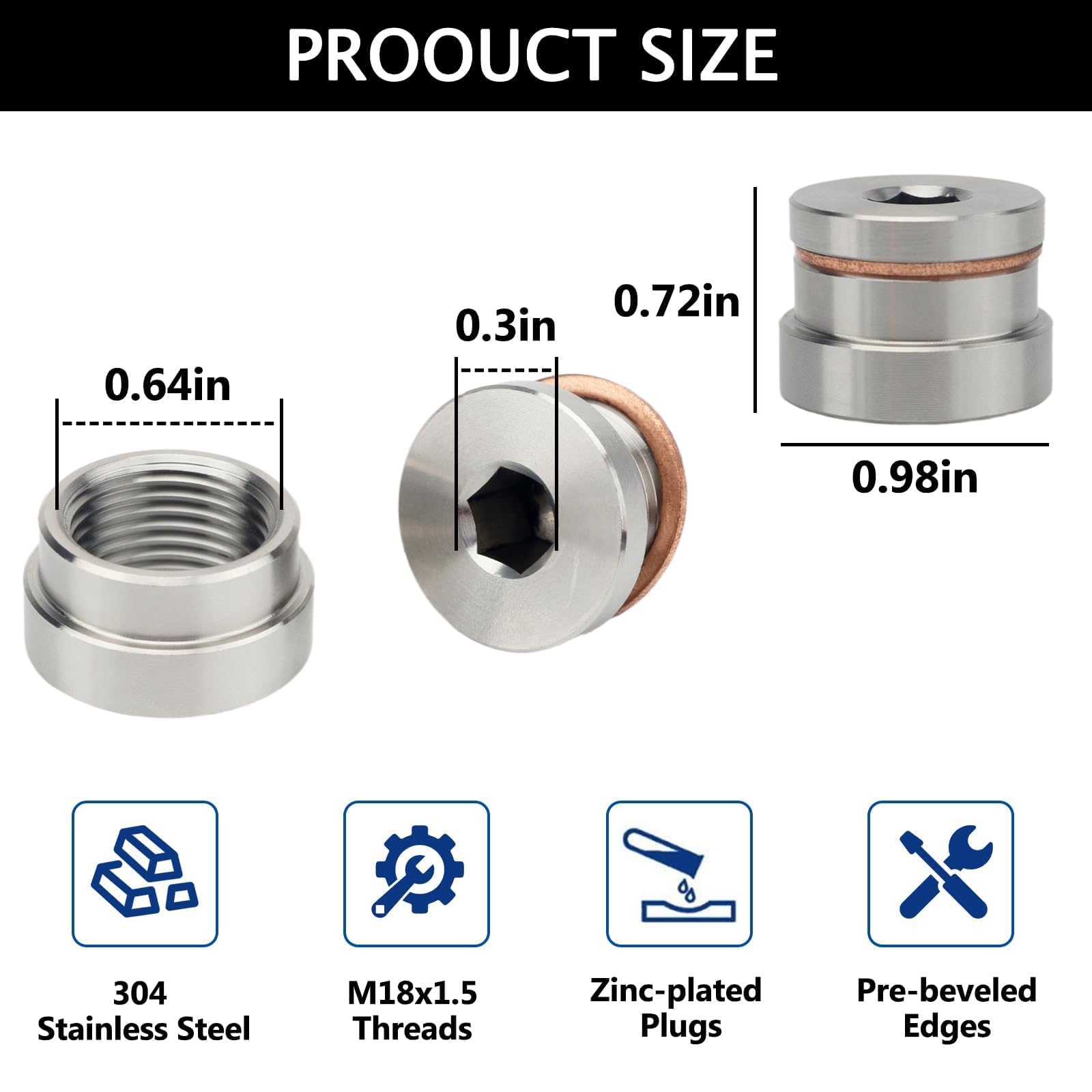 joytrace M18x1.5 Oxygen Sensor Weld Bungs & Plugs Kit (2 Bungs/2 Plugs) - Stainless Steel Welding Adapters