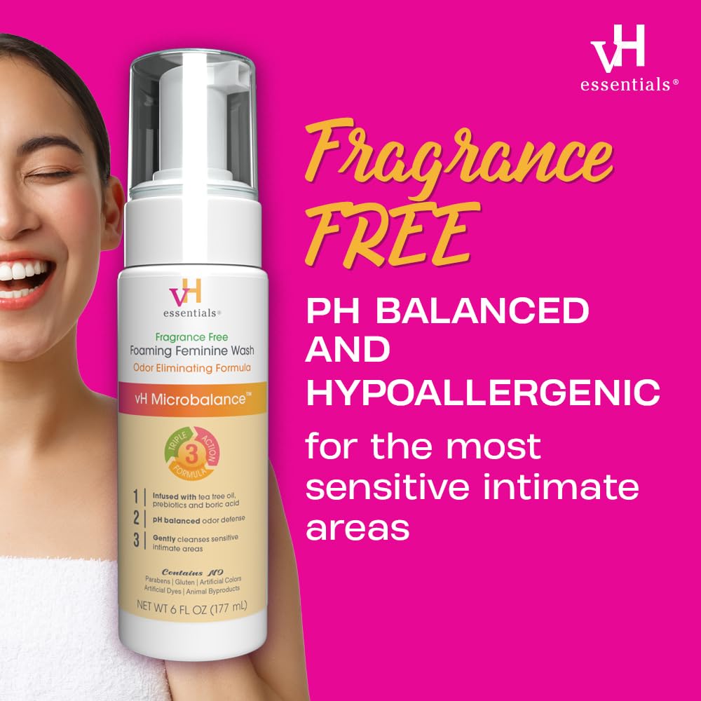 vH essentials Foaming Feminine Wash - Fragrance Free - Ph Balanced, Hypoallergenic, Prebiotics, Natural Botanical Extracts and V