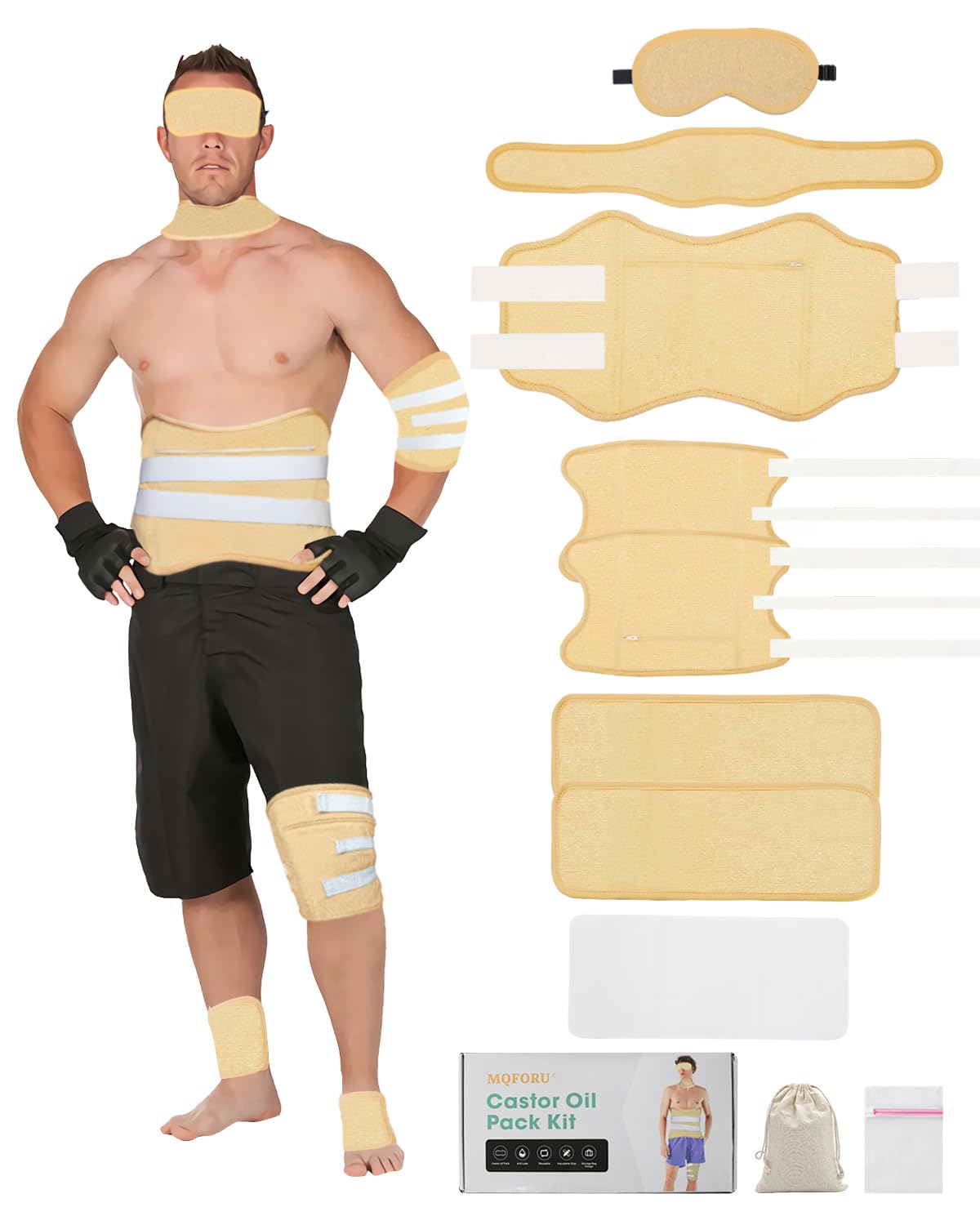 10 Pcs Castor Oil Pack Wrap for Men, Castor Oil Pack for Men Whole Body with Adjustable Straps, Castor Oil Wrap Set Flannel Cott