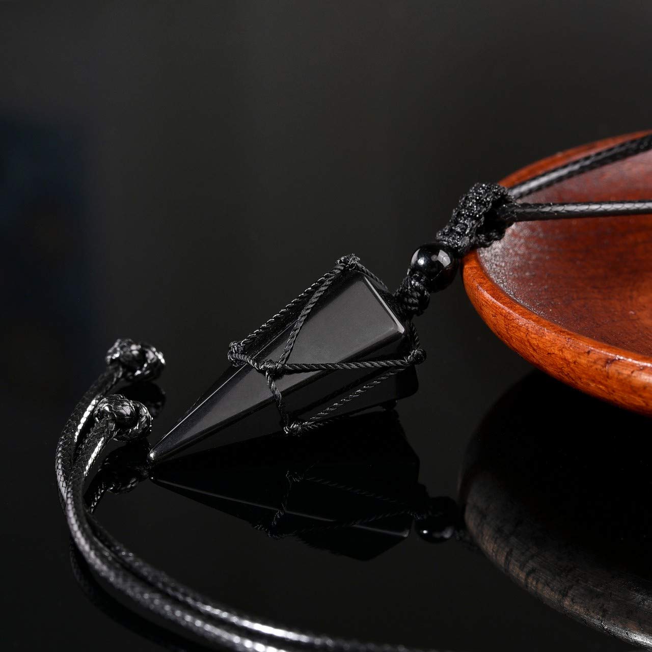 Top Plaza 6 Facet Reiki Healing Crystal Black Obsidian Stone Pointed Pendant Necklaces Adjustable Natural Gemstone Necklace Reik