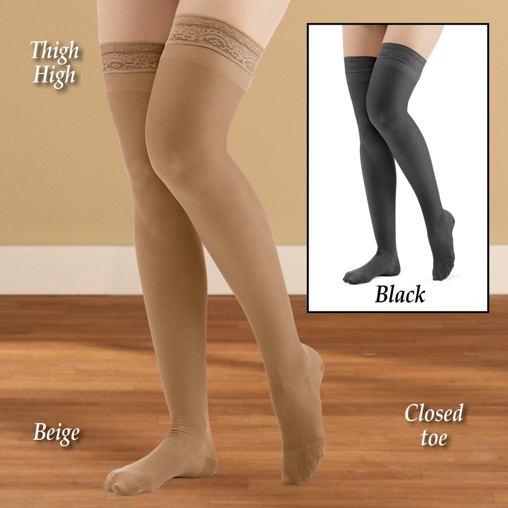 Collections Etc Thigh High Compression Stockings, Firm (20-30 mmHg), Closed Toe - Made in USA, Beige, Large - Made in The USA