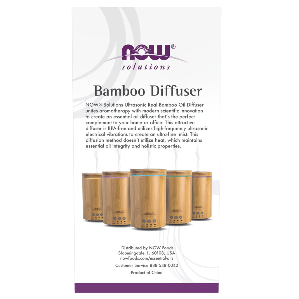 NOW Essential Oils, Ultrasonic Real Bamboo Aromatherapy Oil Diffuser, Extremely Quiet, Heat Free and Easy to Clean, Color Changi