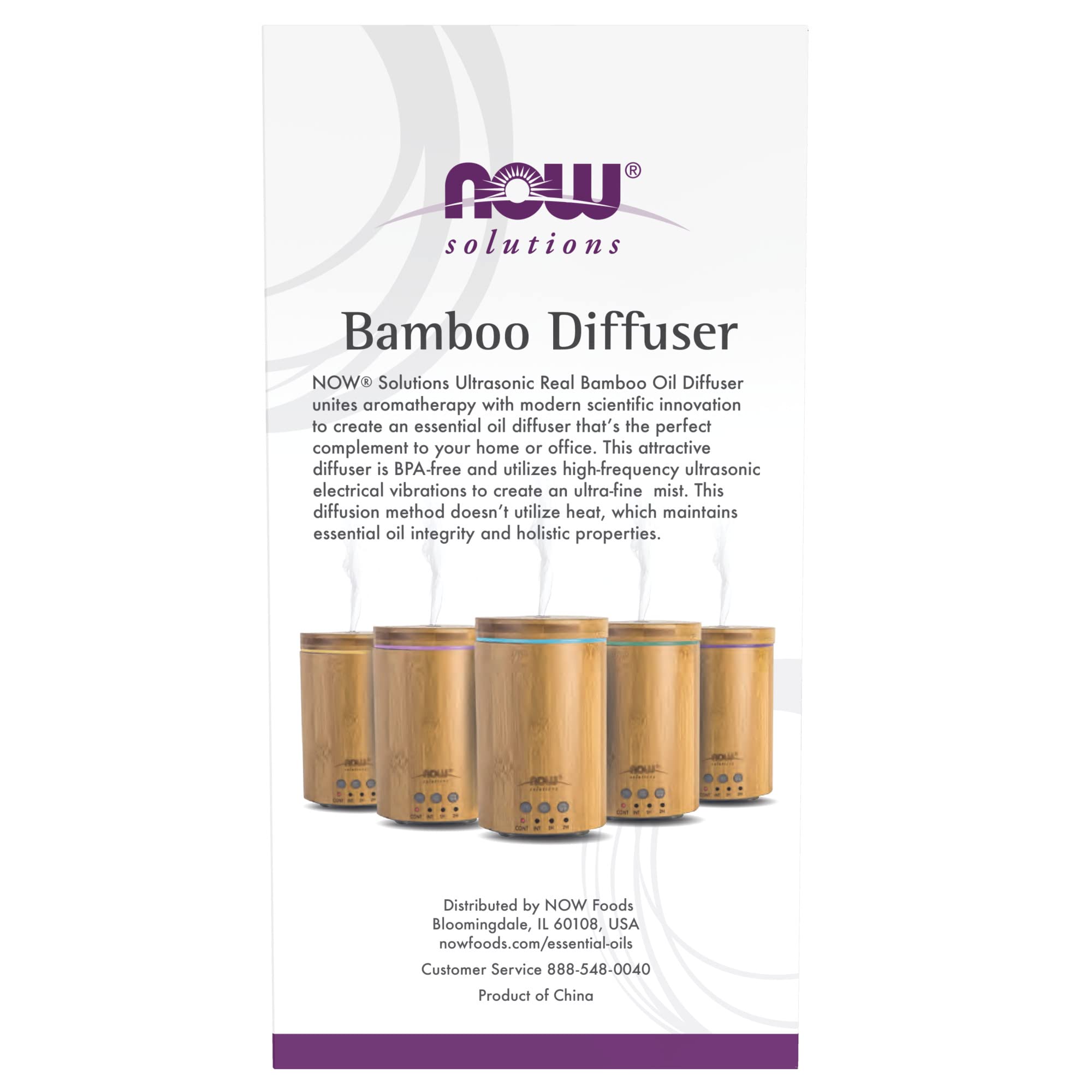 NOW Essential Oils, Ultrasonic Real Bamboo Aromatherapy Oil Diffuser, Extremely Quiet, Heat Free and Easy to Clean, Color Changi