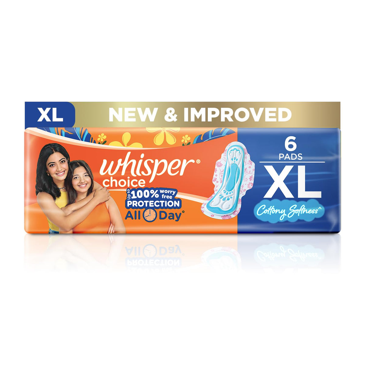 Whisper Choice Xl, 6 Xl Pads For Medium To Heavy Flow, Gives Up To 100% WorryFree Protection All Day** With Cottony Softness