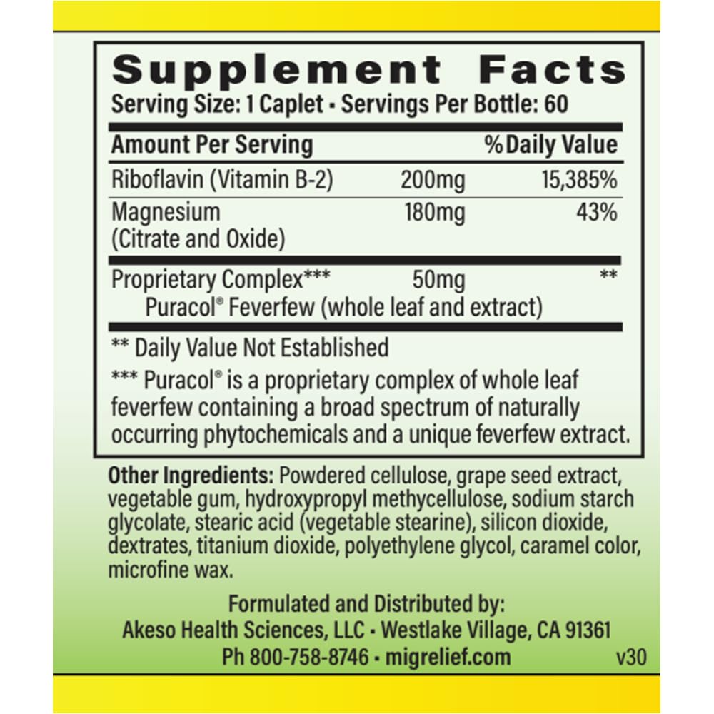 MigreLief Original Triple Therapy with Puracol - Nutritional Support for Migraine Sufferers - 60 Caplets/1 Month Supply