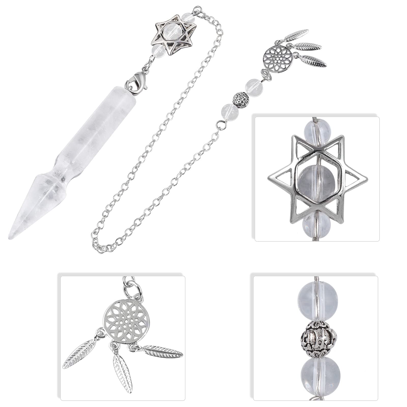 TUMBEELLUWA Crystal Point Pendulum for Divination Dowsing Faceted Stone Pendant Pendulum with Dream Catcher and Merkaba Star Cha