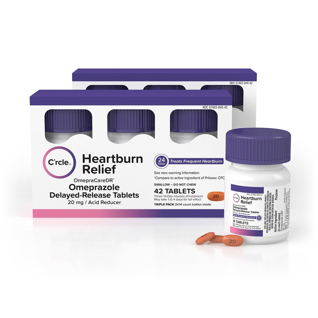 Crcle Omeprazole 20mg Tablets (84 Ct, Six 14 Day Courses) - Delayed-Release Heartburn Medicine - Daily Use Acid Reducer for Freq