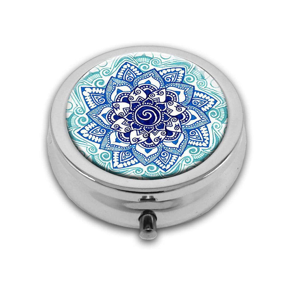 Blue Marble Pill Box Purse Pocket Small Round Silver Pill Case Decorative Box Metal Medicine Vitamin Pill Organizer Portable Uni