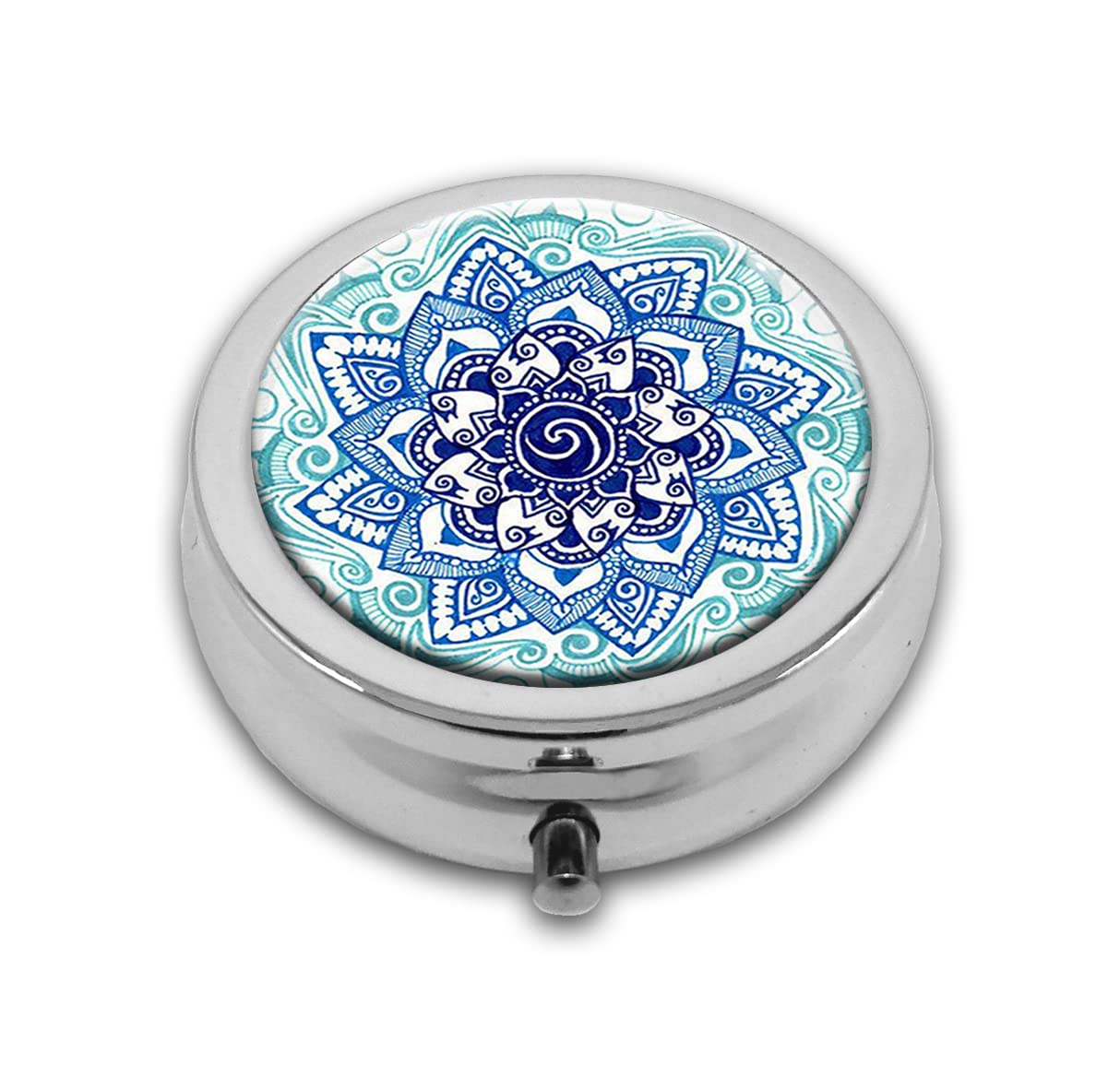 Blue Marble Pill Box Purse Pocket Small Round Silver Pill Case Decorative Box Metal Medicine Vitamin Pill Organizer Portable Uni
