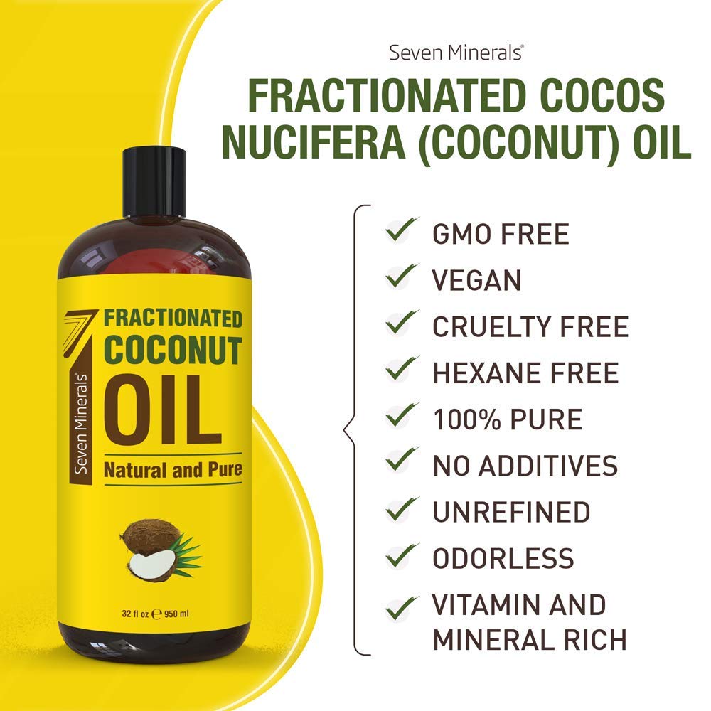 Seven Minerals, Pure Fractionated Coconut Oil - Big 32 fl oz Bottle - Non-GMO, 100% Natural, Lightweight Massage Oil for Massage