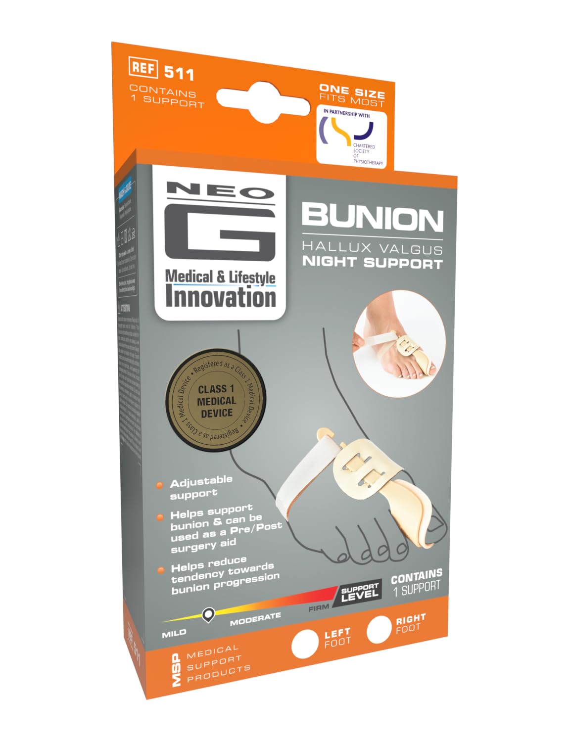 Neo-G Bunion Support - Hallux Valgus Night Splint - For Pre/Post-Operative Aid & Pressure - Class 1 Medical Device - Left - Tan