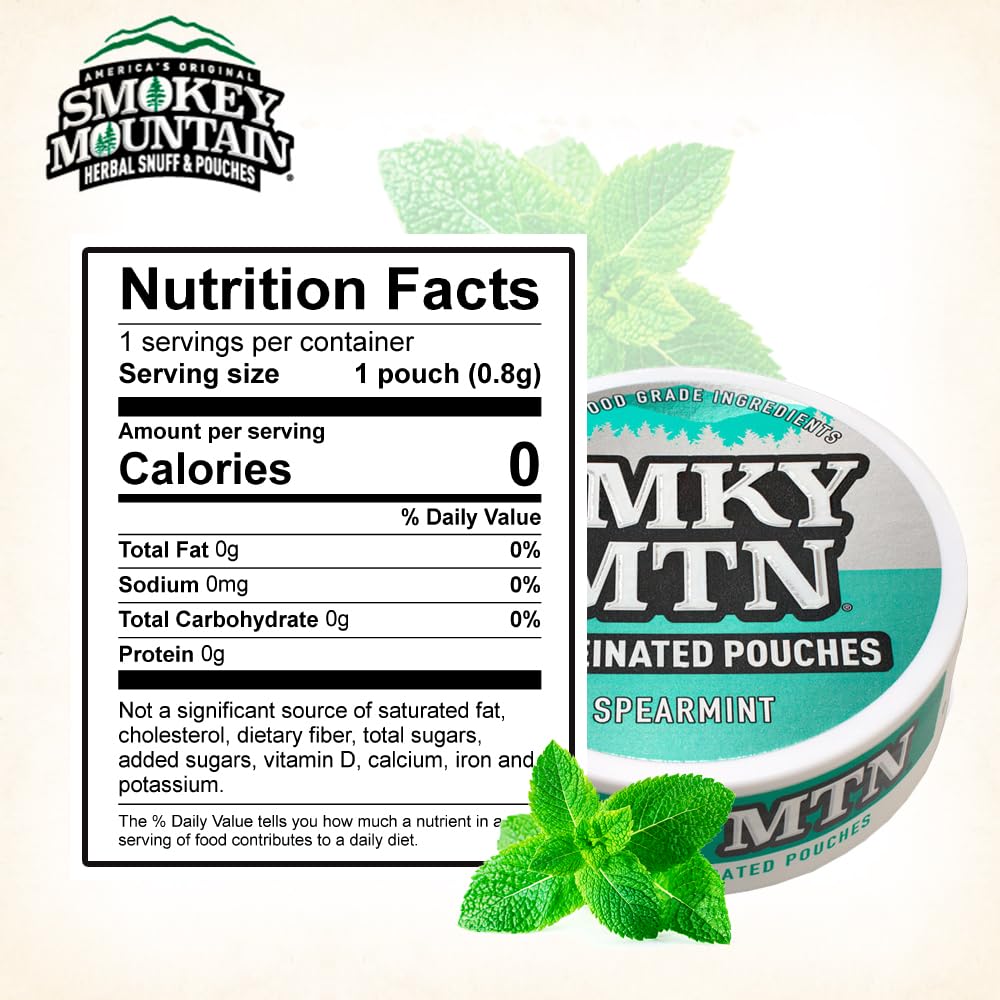 Smokey Mountain Caffeinated Pouches - Spearmint - Tobacco Free and Nicotine Free - 5 Can Box - 15 Pouches Per Can
