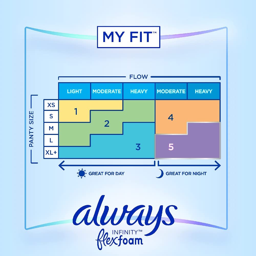 Always Infinity Feminine Pads for Women, Size 2 Regular, with wings, unscented, 46ct