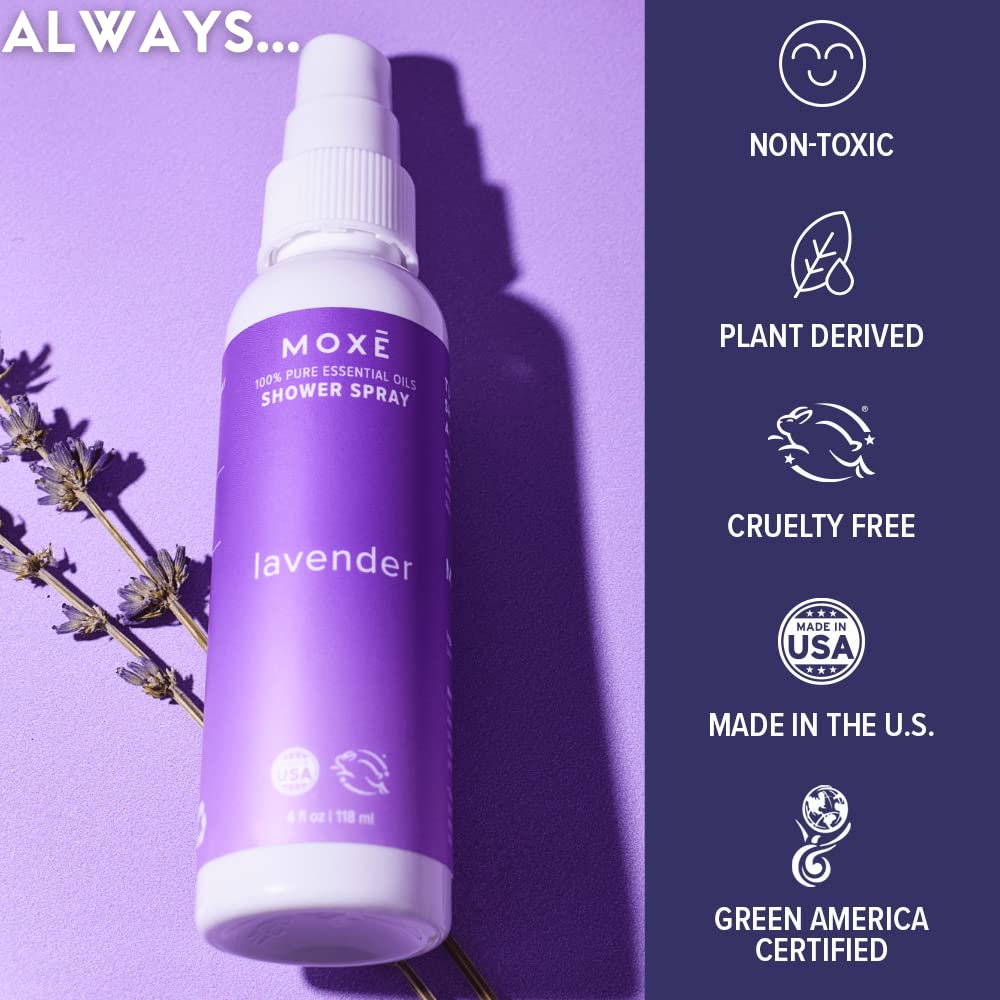 MOXE Shower Mist, Spa Steam Spray, Certified Natural Essential Oils, Aromatherapy, Tension Relief (Lavender, 4 Fl Oz (Pack of 1)