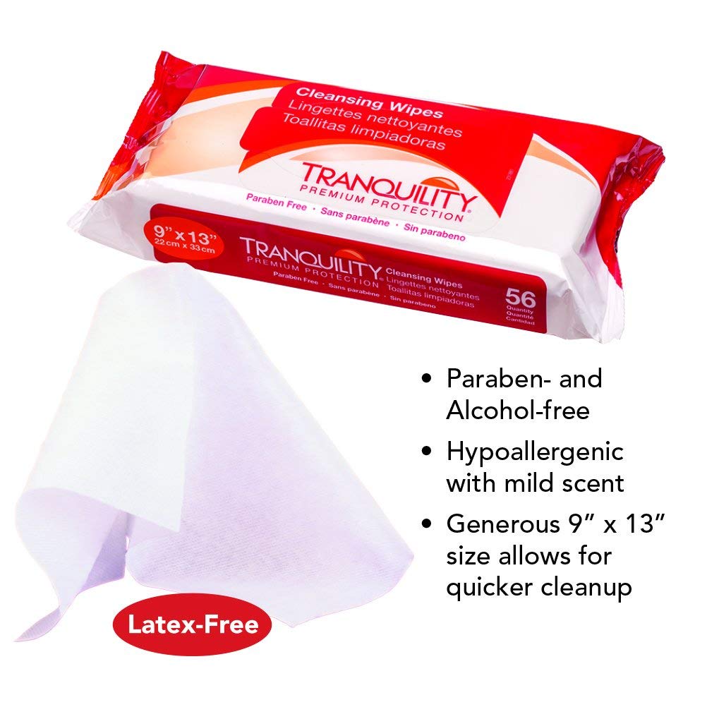 Tranquility Cleansing Wipes, Adult Size Disposable Wet Washcloths, Enriched with Aloe Vera, Chamomille, & Vitamin E, Hypoallerge