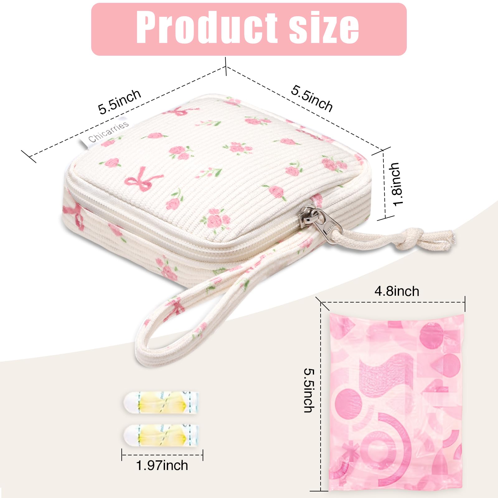 Chicarries Small Makeup Bag | Discreet Period Bag Pad Pouch for Purse| Sanitary Napkin Storage & Tampon Holder for Travel(Flower