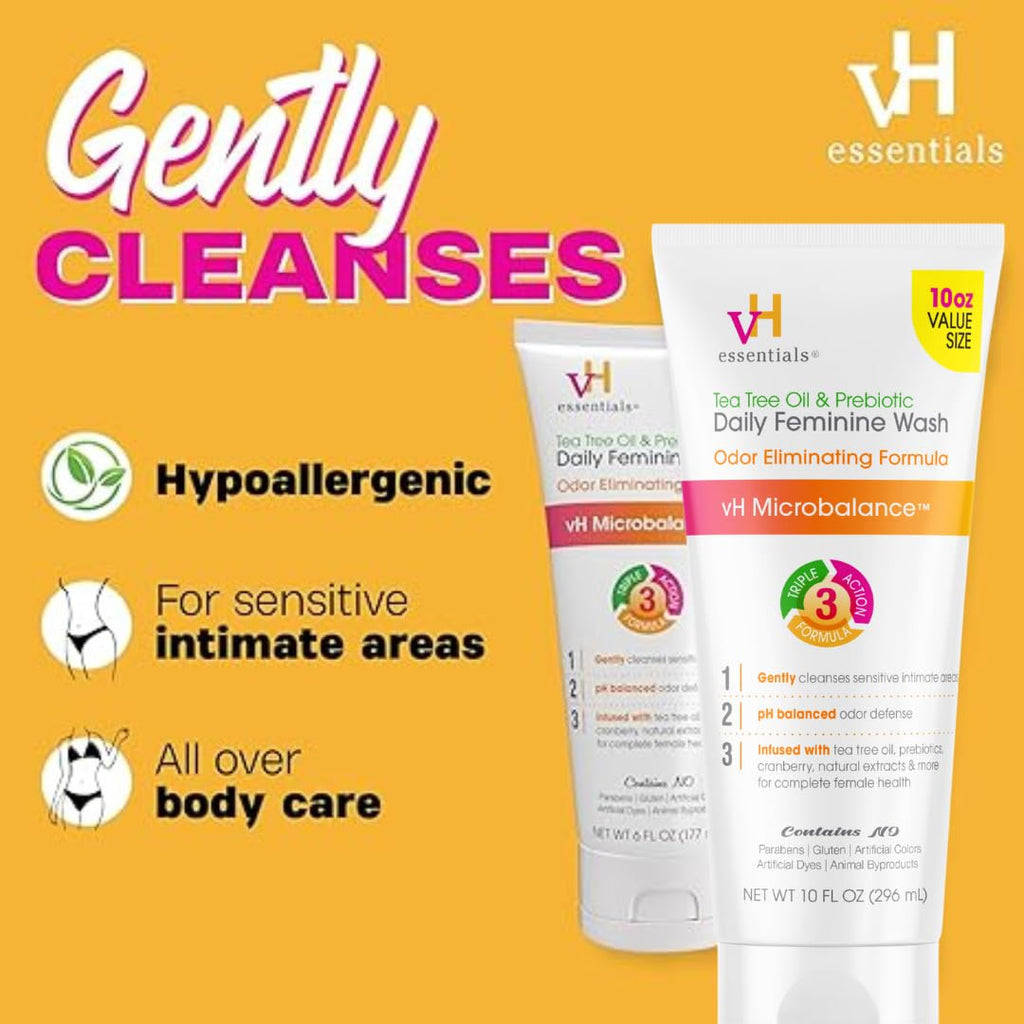 vH essentials Daily Feminine Wash - 10 Fl Oz - Odor Eliminating Vaginal Wash with Tea Tree Oil, Prebiotics and Cranberry, gentle