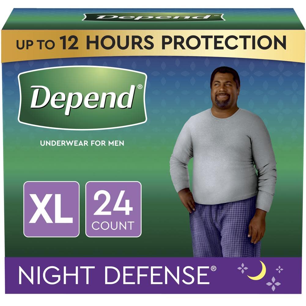 Depend Night Defense Adult Incontinence Underwear for Men, Overnight, Disposable, X-Large, 24 Count (2 Packs of 12) (Packaging M