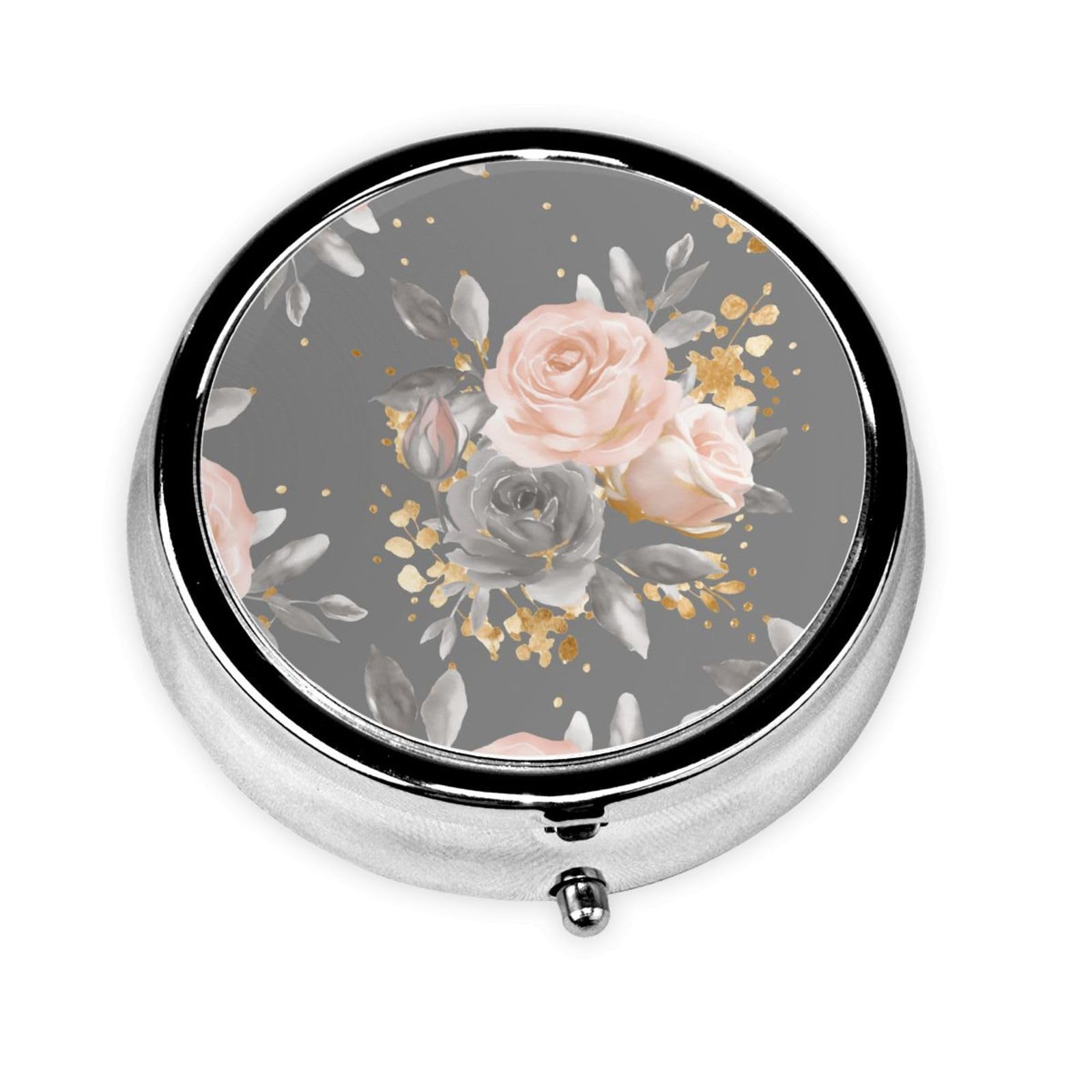keluki Golden Blush Roses On Gray Watercolor Glitter Flowers Print Round Metal Pill Box with 3 Compartment for Pocket or Purse T