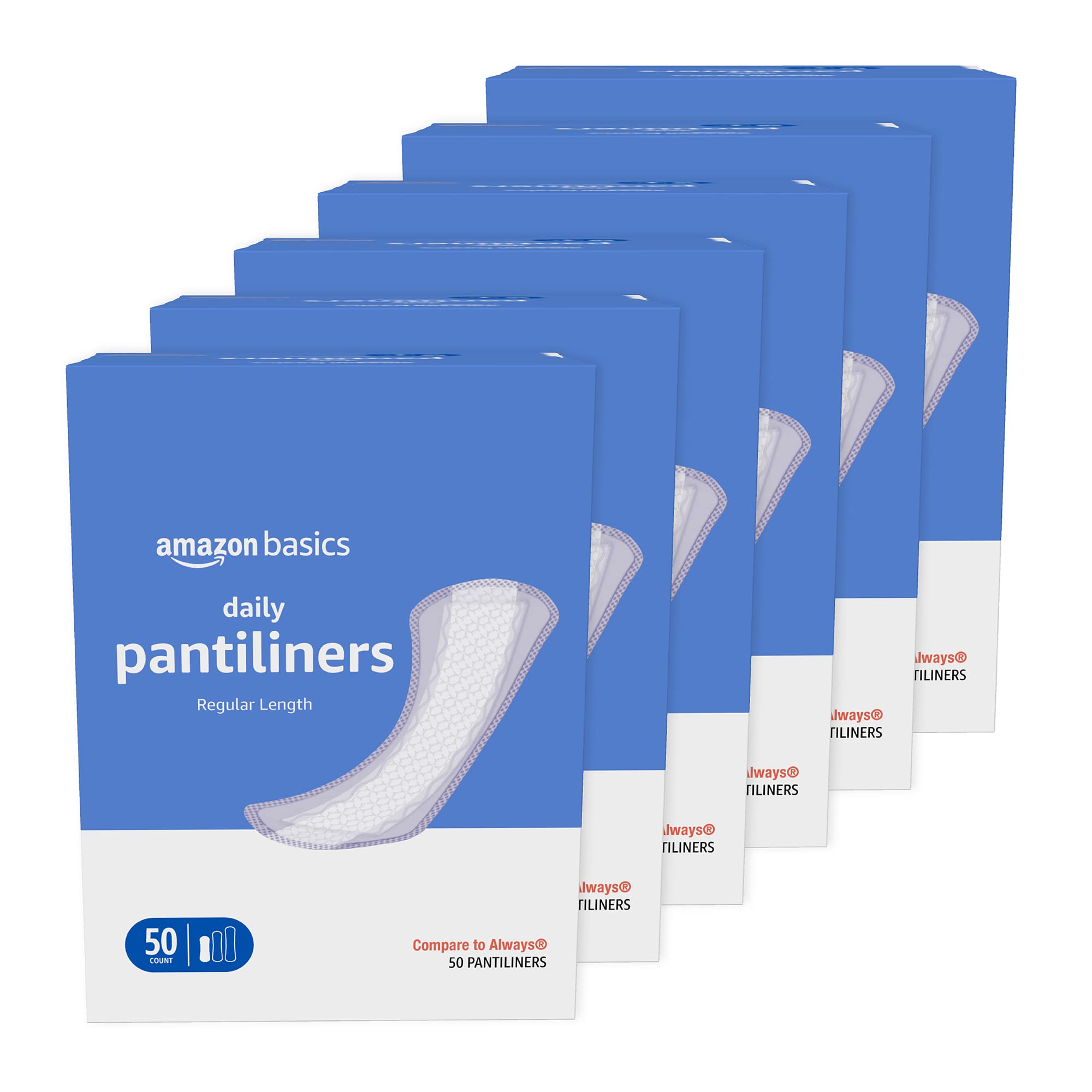 Amazon Basics Daily Pantiliner, Regular Length, Pads for Women, Unscented, 300 Count (6 Packs of 50) (Previously Solimo)