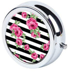 LuxSweet Rose Striped Pattern Pill Box Purse Pocket Small Round Silver Pill Case Decorative Box Metal Medicine Vitamin Pill Orga