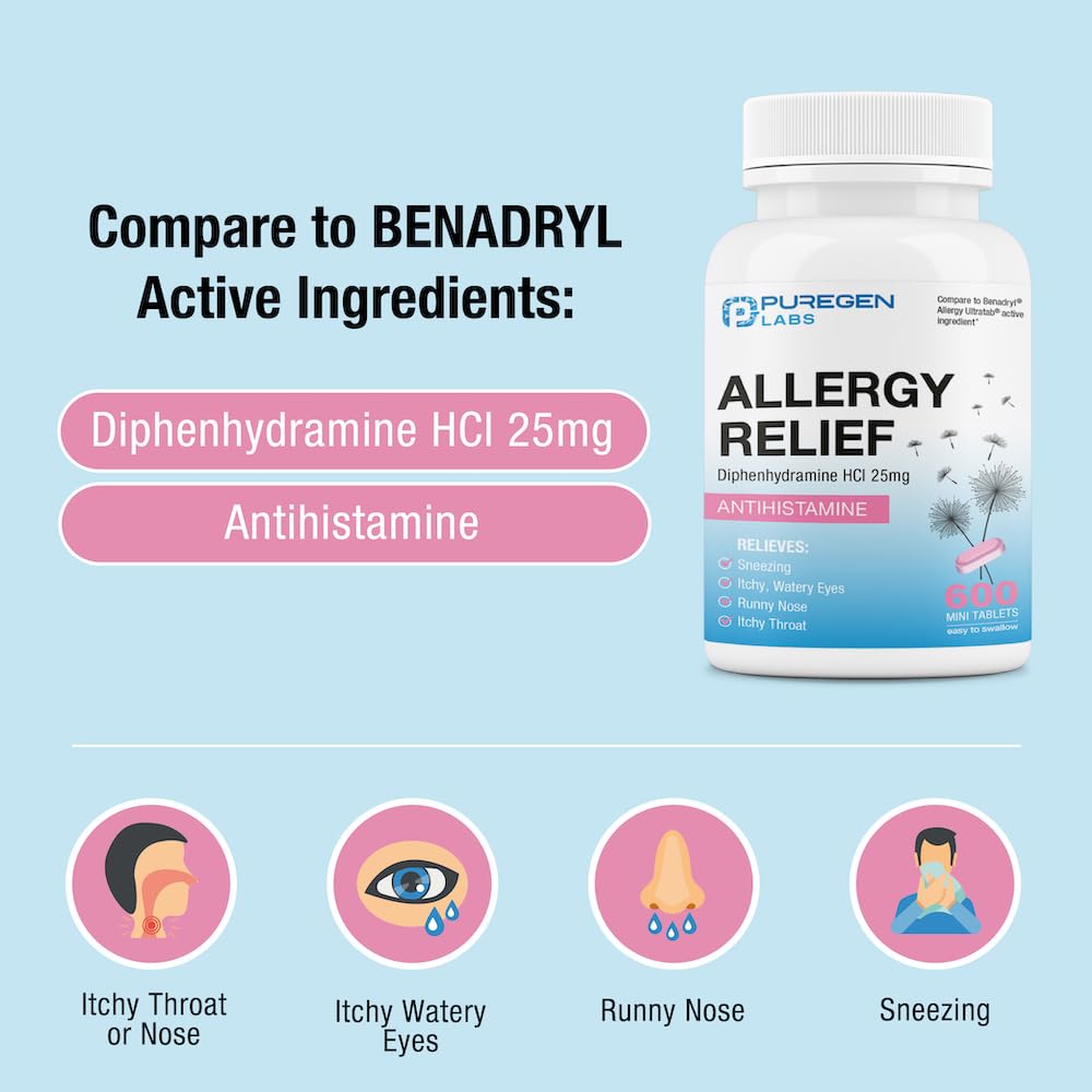 Puregen Labs Allergy Relief Diphenhydramine HCl 25 mg - 600 Mini Tablets - Antihistamine Allergy Medication - Sneezing, Runny No