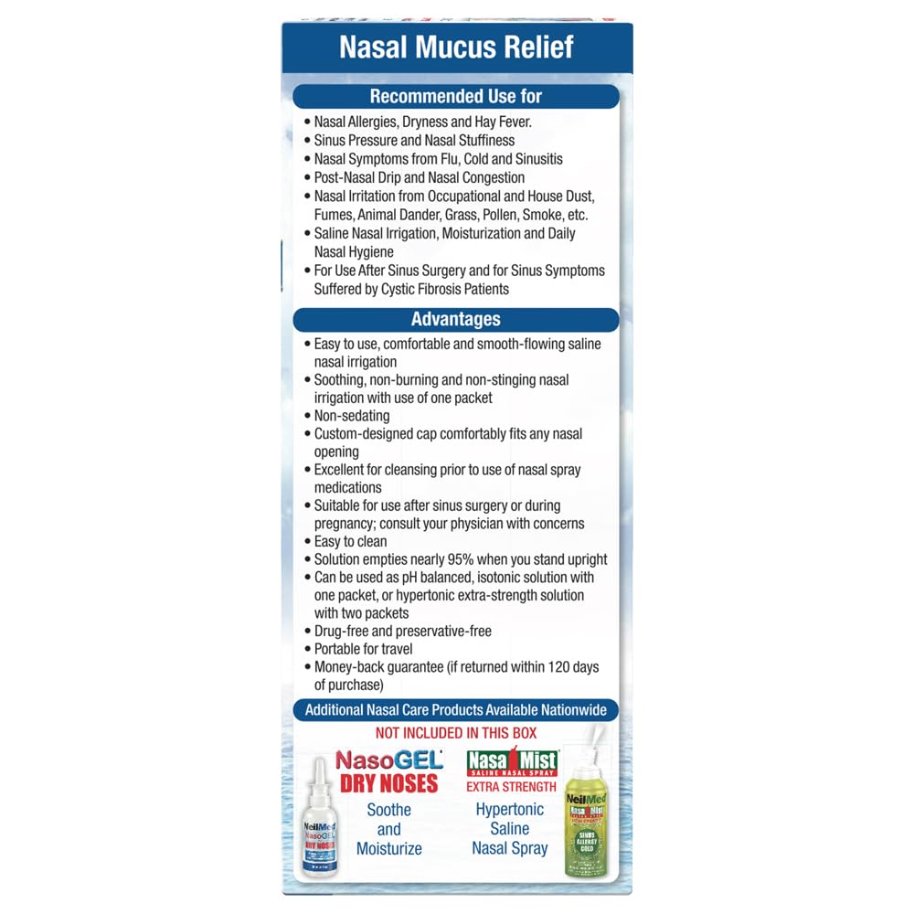 NeilMed Sinus Rinse Starter Kit with 5 Premixed Saline Packets - Large Volume Low Pressure Saline Nasal Irrigation & moisturizin