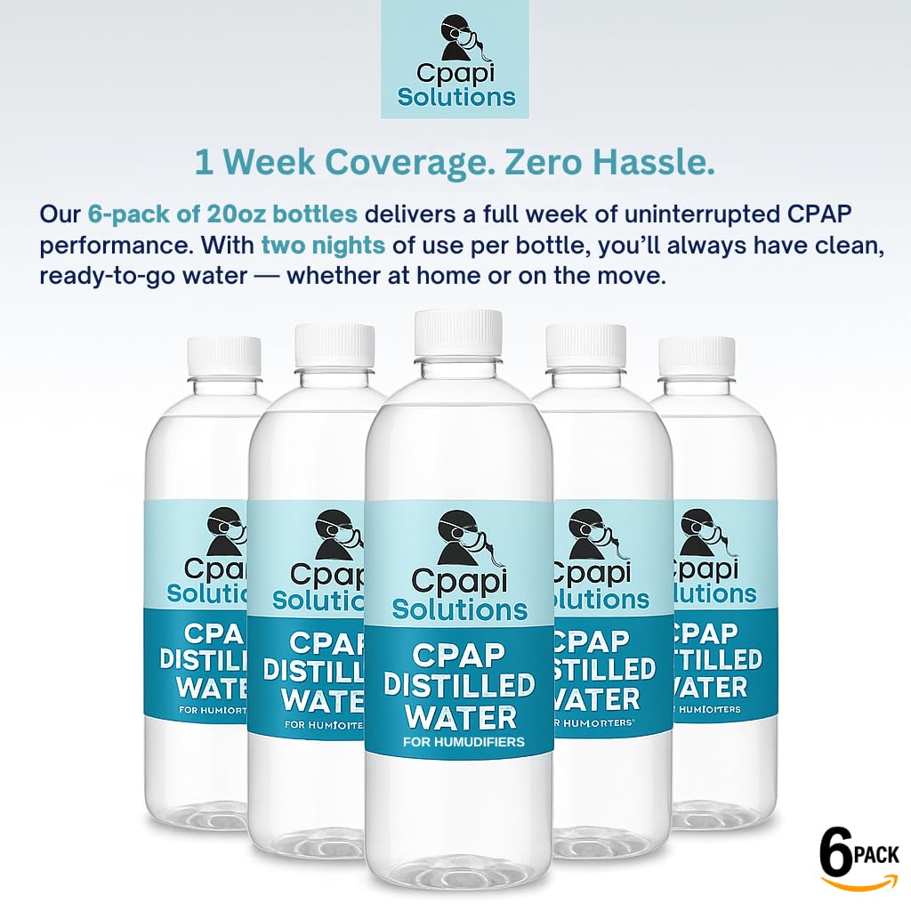 CPAPi Solutions Distilled Water CPAP - 6-Pack Travel Bottles (20 oz) - Steam Purified, Ozonated & Filtered - Made in USA - For A