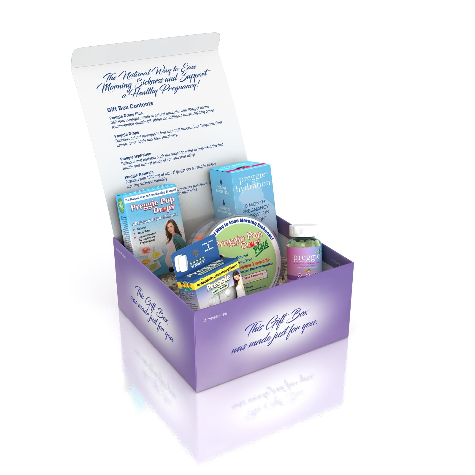 Three Lollies Preggie Gift Box - Natural, Pregnancy Nausea Relief Essentials with Anti-Sickness Lozenges, Hydration Packets, Gin