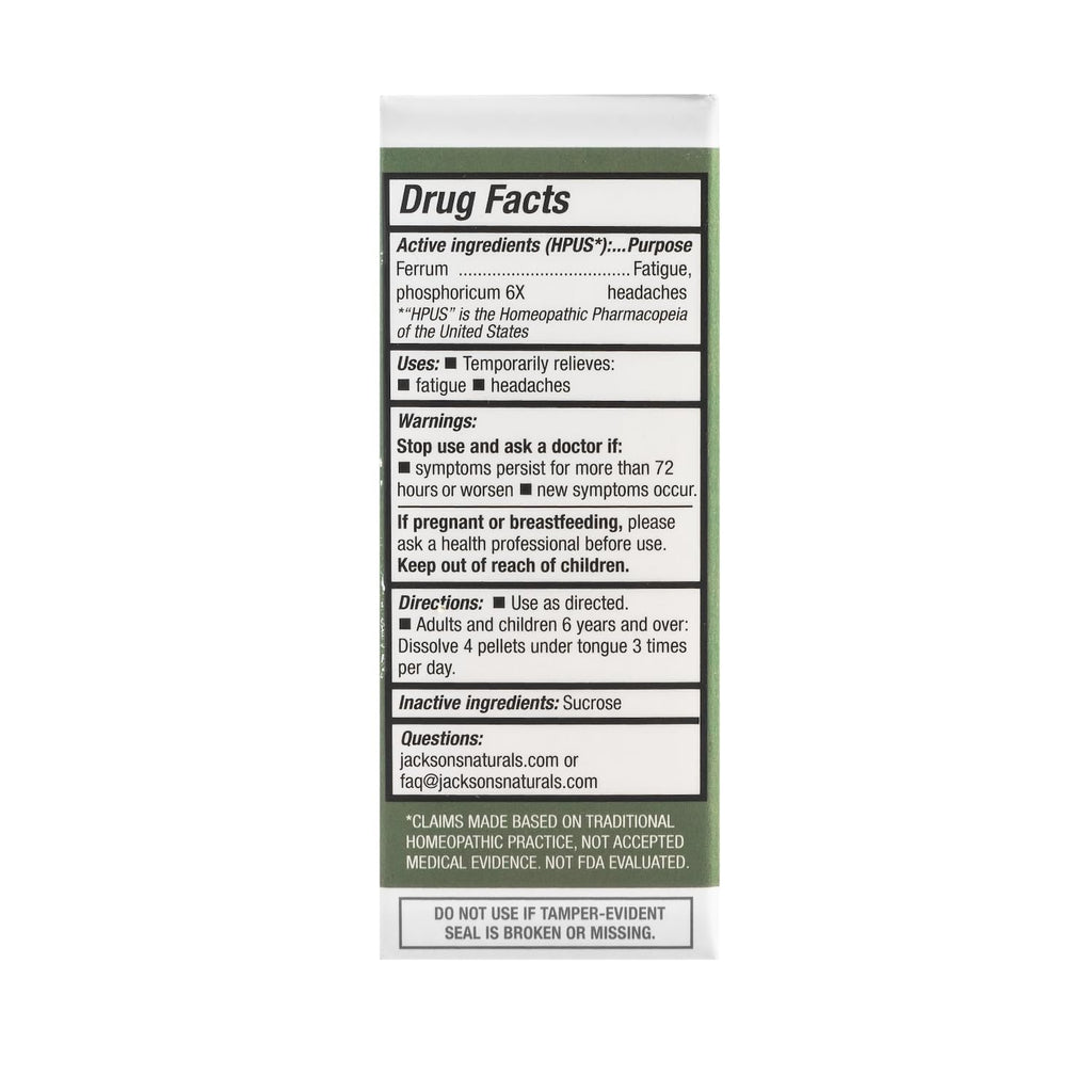 Jackson's Cell Salt #4 Ferr phos 6X (500 Pellet Bottle) - Certified Vegan, Lactose-Free Ferrum phosphoricum 6X