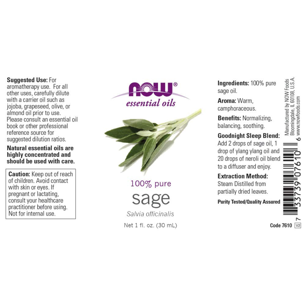 NOW Essential Oils, Sage Oil, Normalizing Aromatherapy Scent, Steam Distilled, 100% Pure, Vegan, Child Resistant Cap, 1-Ounce