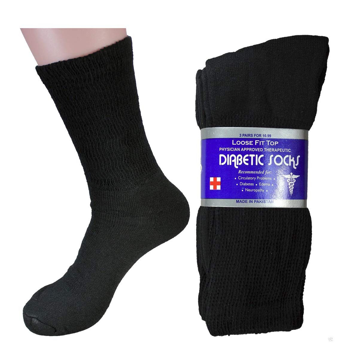 LM 12 Pairs Diabetic Crew Socks Unisex 9-11, 10-13, 13-15 Black Grey White (13-15, Black)