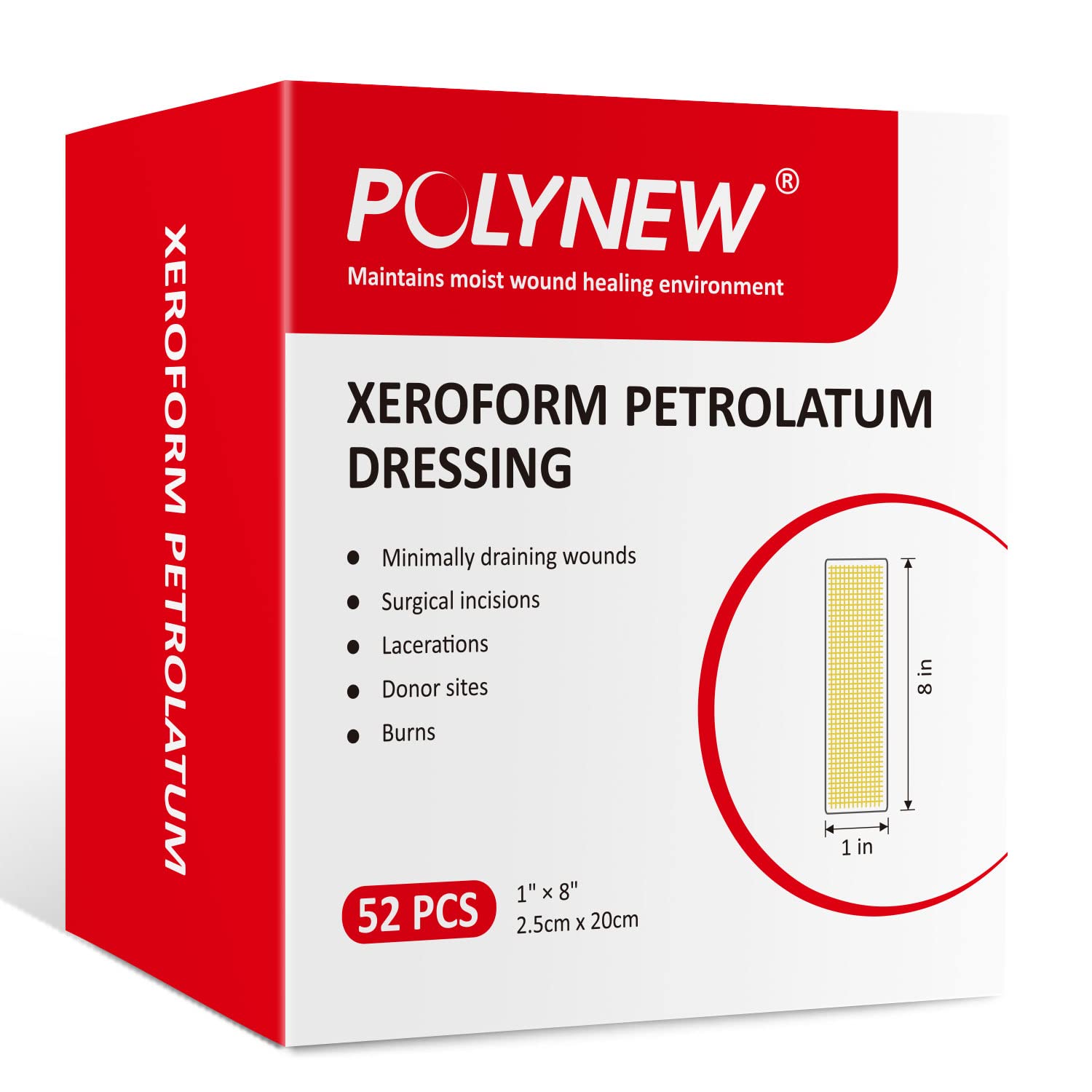 POLYNEW Xeroform Petrolatum Dressing 1x8, 52 PCS Non-Adherent Gauze for Low Exudating Wounds, Fine Mesh Gauze Pads for Burns, Ab