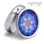 Purple Mandala Pill Box Purse Pocket Small Round Silver Pill Case Decorative Box Metal Medicine Vitamin Pill Organizer Portable