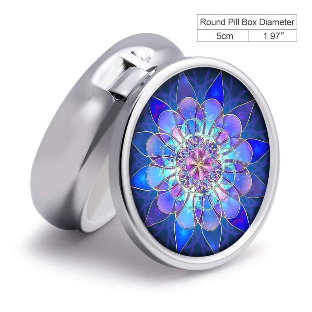 Purple Mandala Pill Box Purse Pocket Small Round Silver Pill Case Decorative Box Metal Medicine Vitamin Pill Organizer Portable