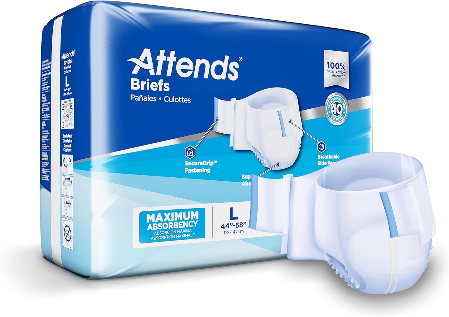Attends Classic Briefs with Dry-Lock Technology for Adult Incontinence Care, Large, Unisex, 24 Count (Pack of 3)