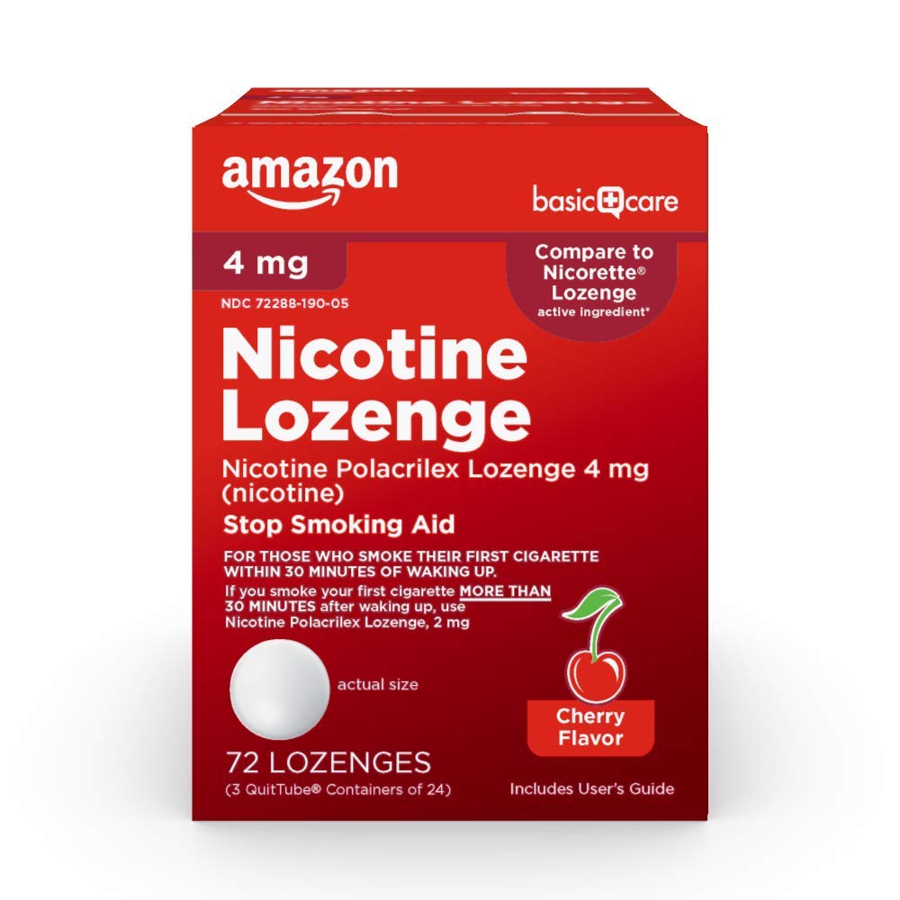 Amazon Basic Care Nicotine Lozenge 4 mg, Stop Smoking Aid, Cherry Flavor, 72 Count, 24 Count (Pack of 3)
