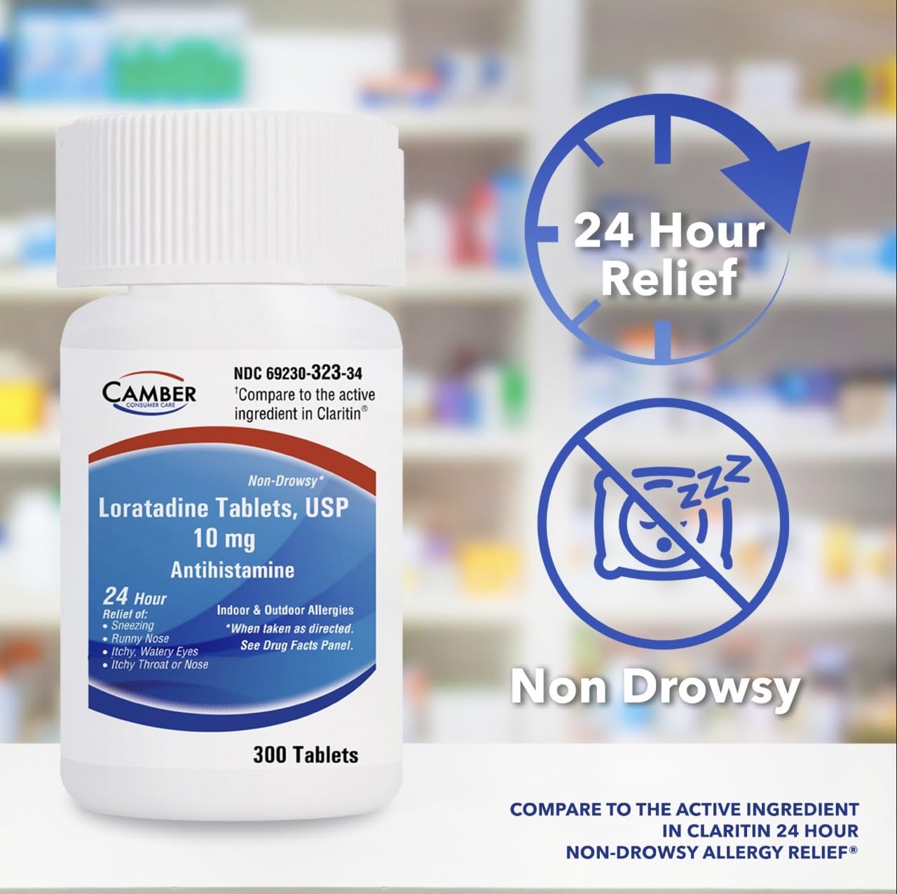 Camber Loratadine 10mg Allergy Pills, Antihistamine 24 Hour, Non Drowsy Allergy Relief (100 Tablets)