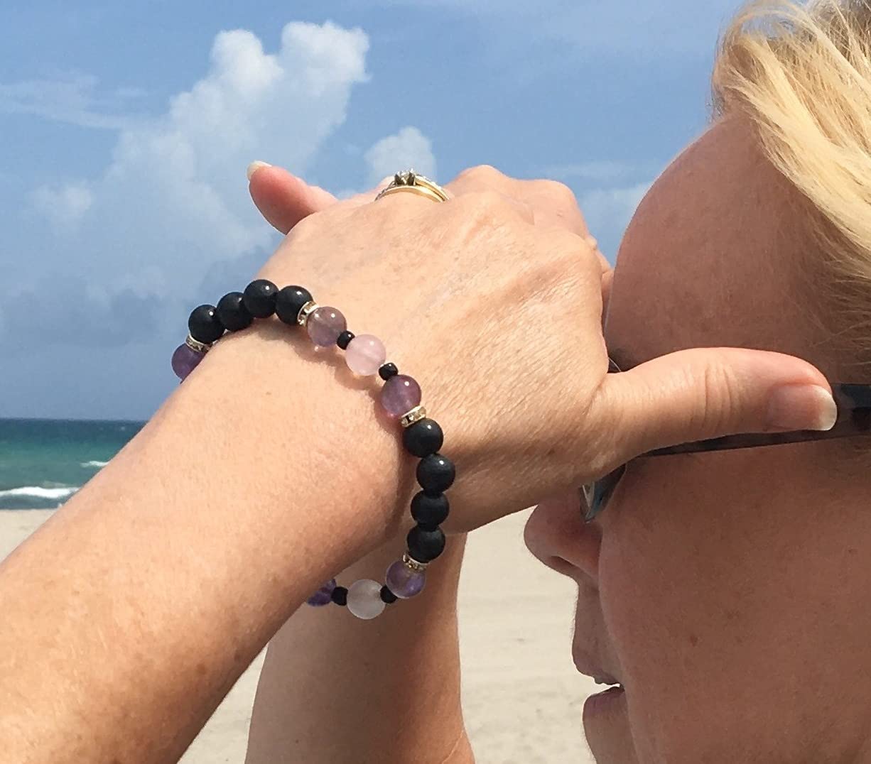 Shungite, Amethyst and Pink Quartz Protection Bracelet - Fits Average Adult Wrists (7.5 Inch Stretchy; 8mm Beads)