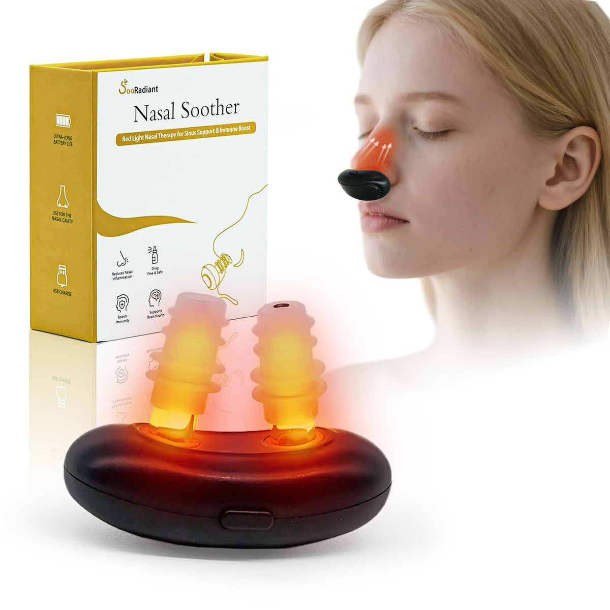 SooRadiant Red Light Nasal Therapy Device  650nm LED Light for Nasal Relief, Soft Silicone, Portable Design for Daily Use