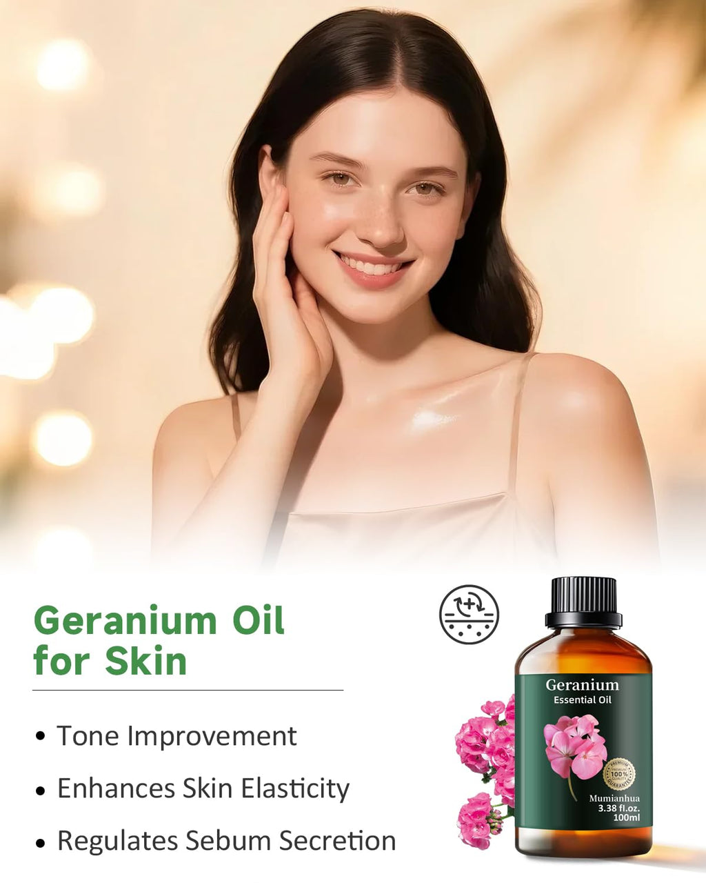 Mumianhua 100% Pure Geranium Essential Oil Natural Geranium Oil for Skin, Diffuser, Massages, DIY, Skin, Hair, Bath, Aromatherap