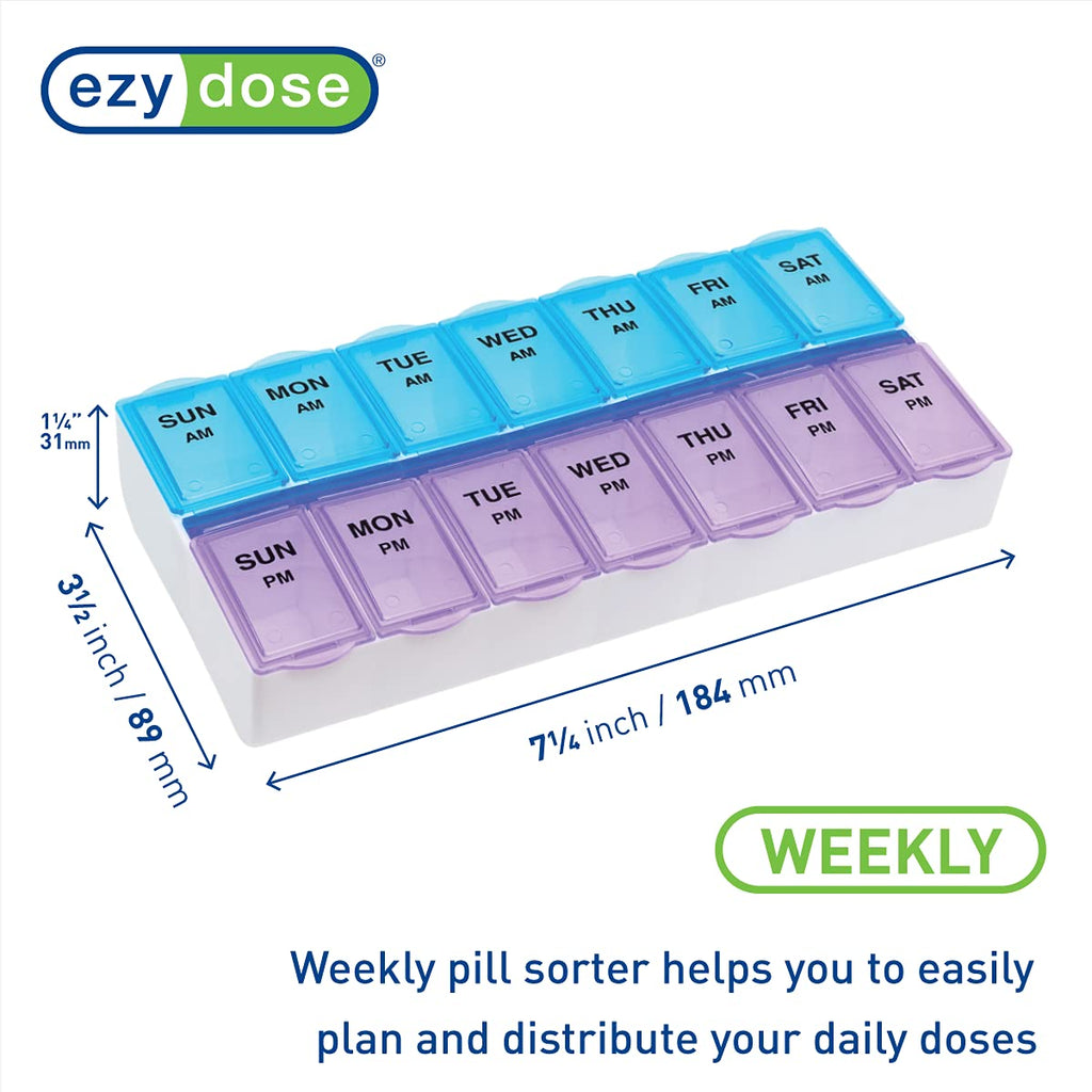 EZY DOSE Weekly (7-Day) AM/PMPill Case, Medicine Planner, Vitamin Organizer Box, Large Compartments, 2 Times a Day, Blue and Pur
