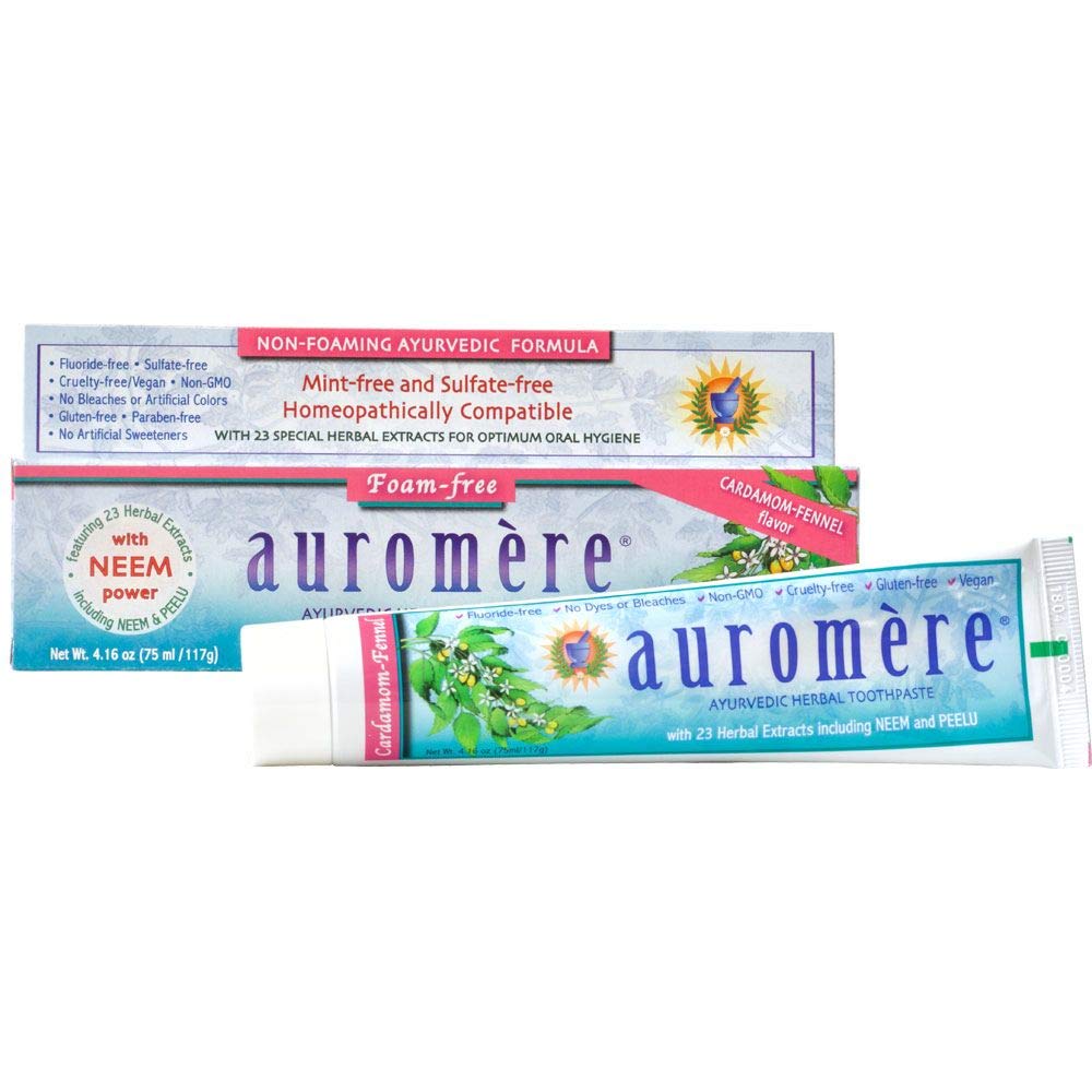 Auromere Ayurvedic Herbal Toothpaste, Cardamom Fennel, Foam Free - Vegan, Natural, Non GMO, SLS Free, Fluoride Free, Gluten Free